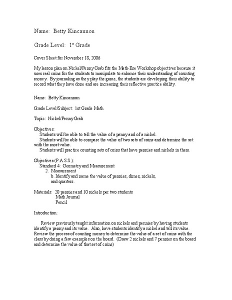 Nickel/Penny Grab Lesson Plan