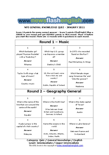 NFE General Knowledge Quiz Lesson Plan