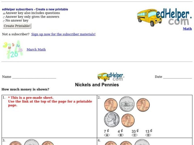 Nickels and Pennies Worksheet