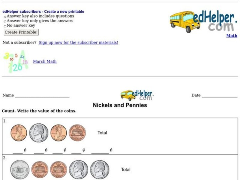 Nickels and Pennies Worksheet