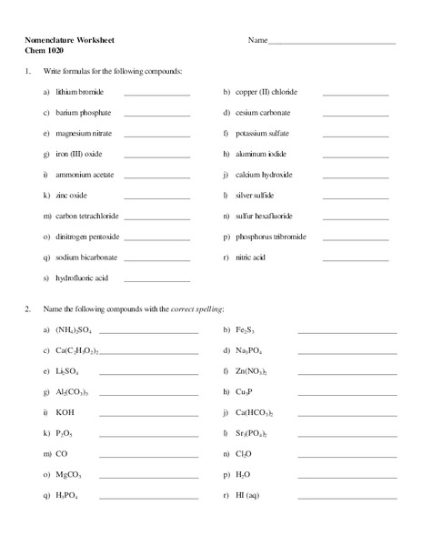 Nomenclature Worksheet Worksheet