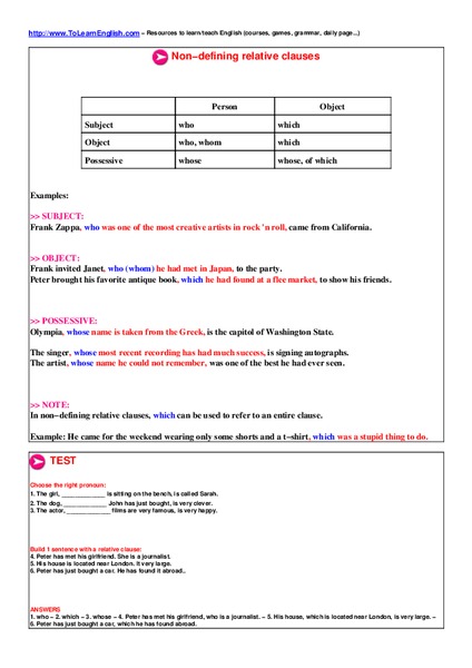 Non-Defining Relative Clauses Worksheet