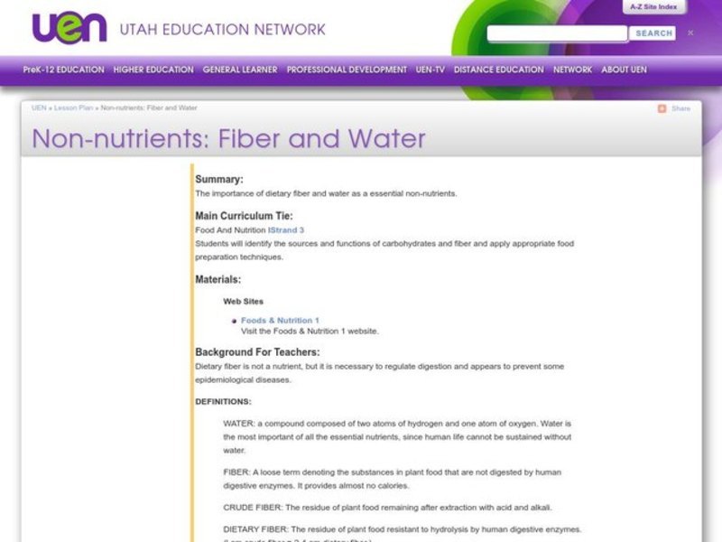 Non-Nutrients: Fiber and Water Lesson Plan