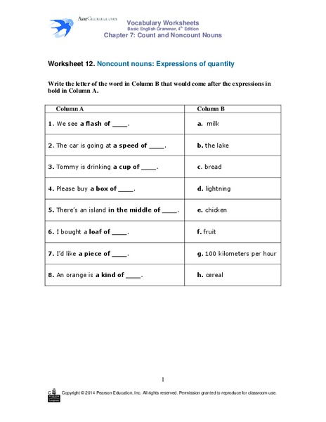 Noncount Nouns: Expressions of Quantity Worksheet