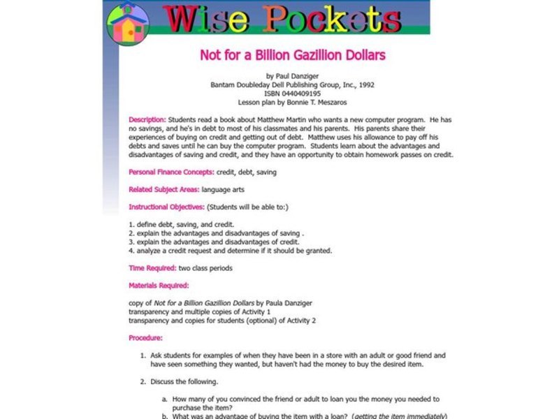 Not for a Billion Gazillion Dollars Lesson Plan