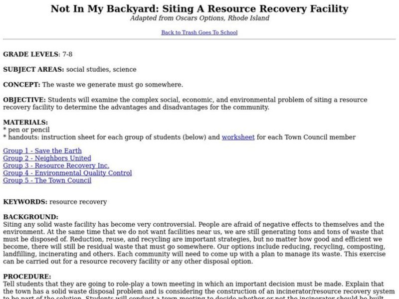 Not in My Backyard: Siting a Resource Recovery Facility Lesson Plan