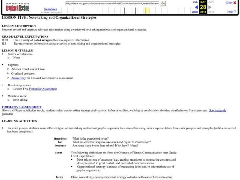 Note-taking and Organizational Strategies Lesson Plan
