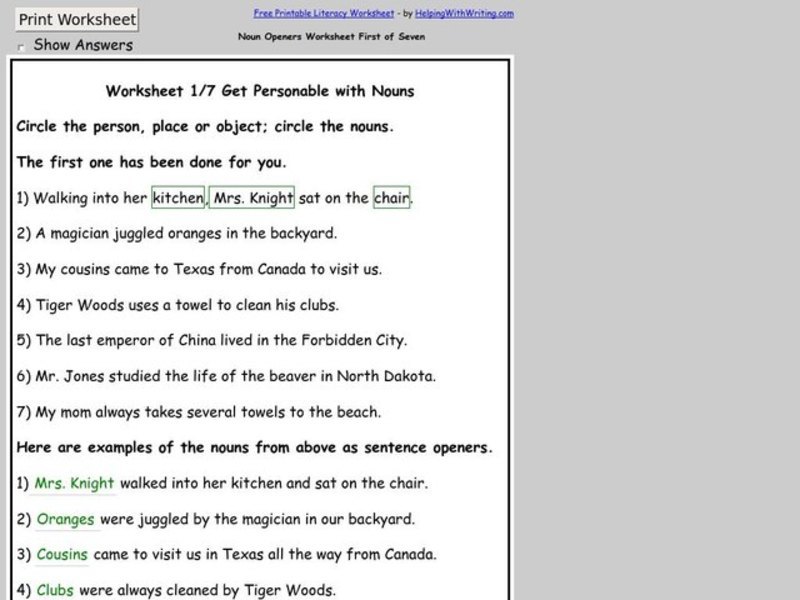 Noun Openers Worksheet