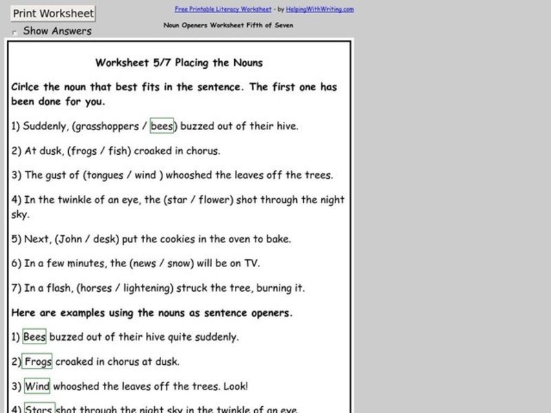 Noun Openers Worksheet