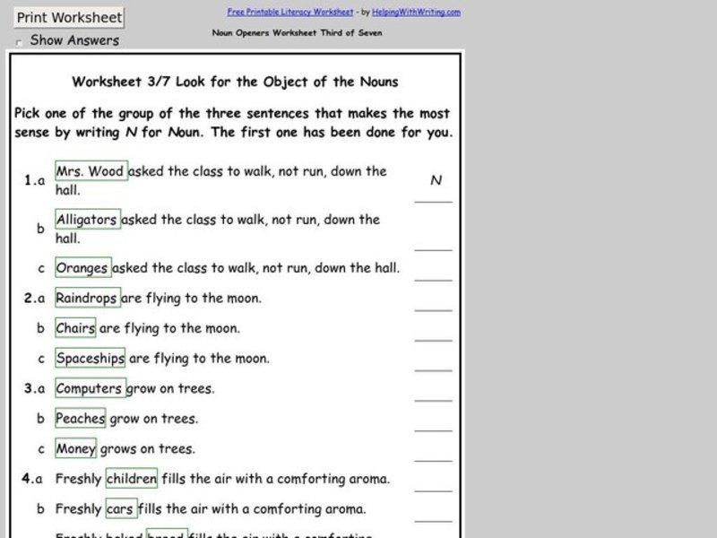 Noun Openers Worksheet