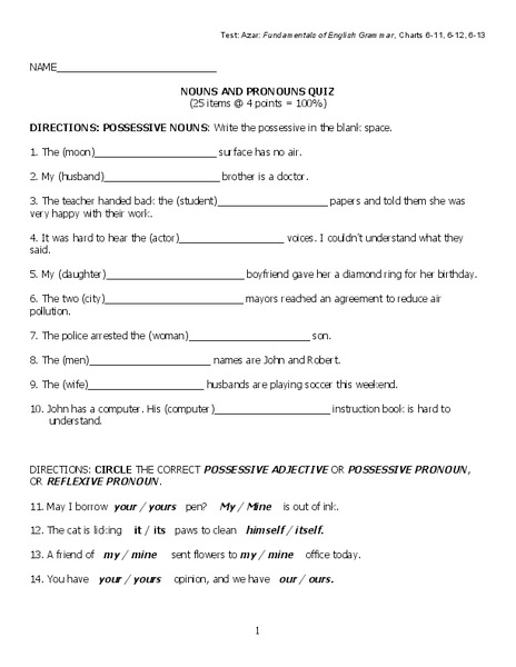 Nouns and Pronouns Quiz Worksheet