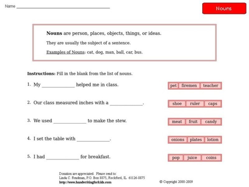 Nouns-Sentence Completion Worksheet