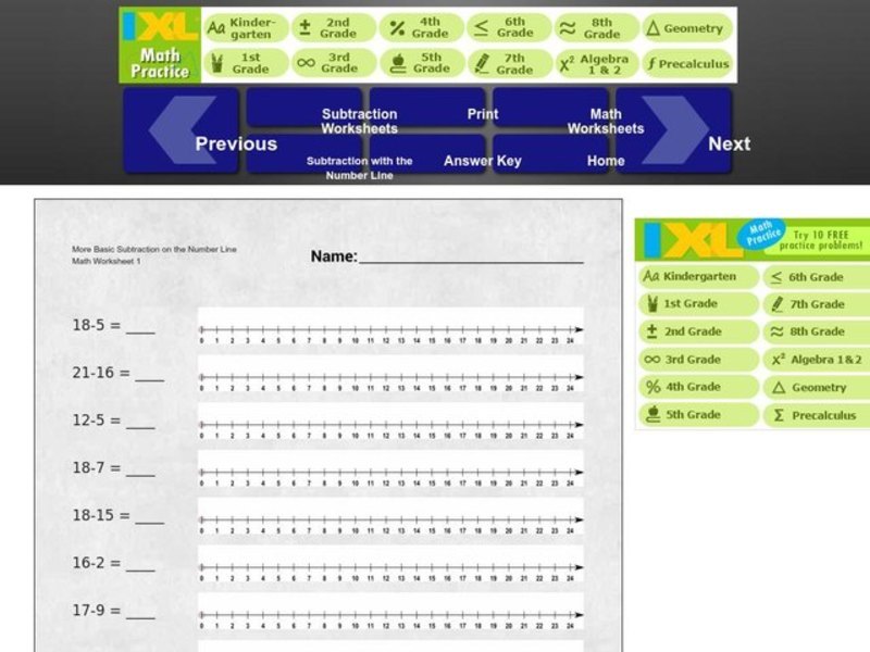 Number Line Subtraction Worksheet