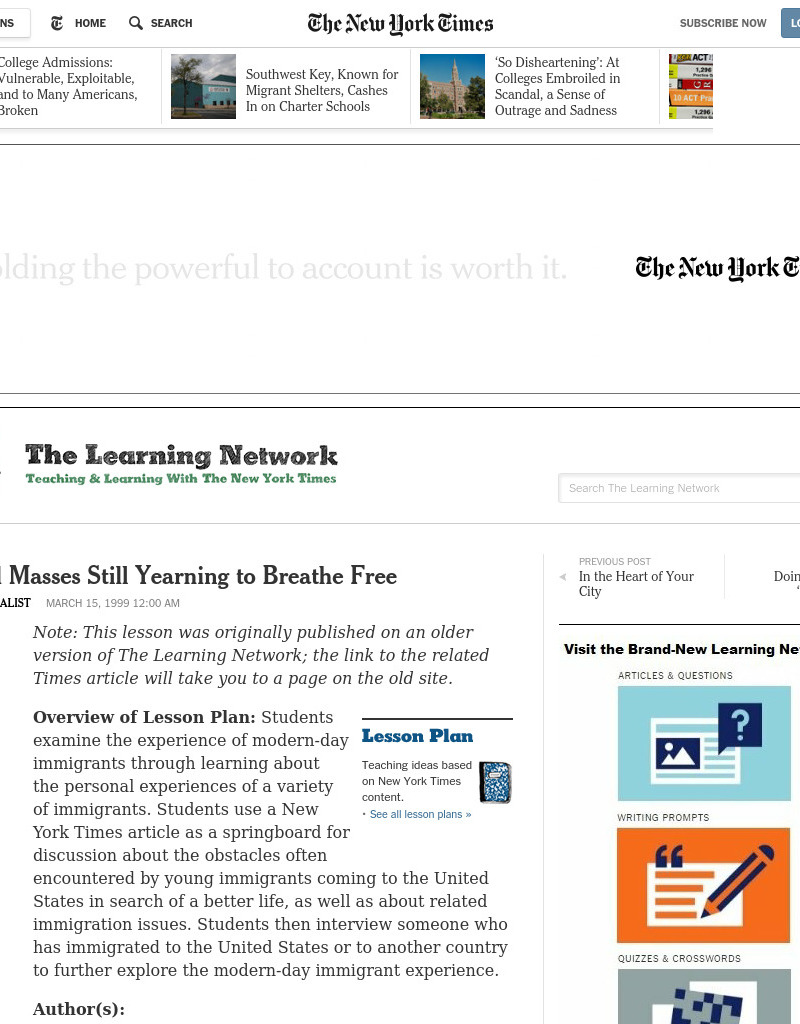 Huddled Masses Still Yearning to Breathe Free Lesson Plan