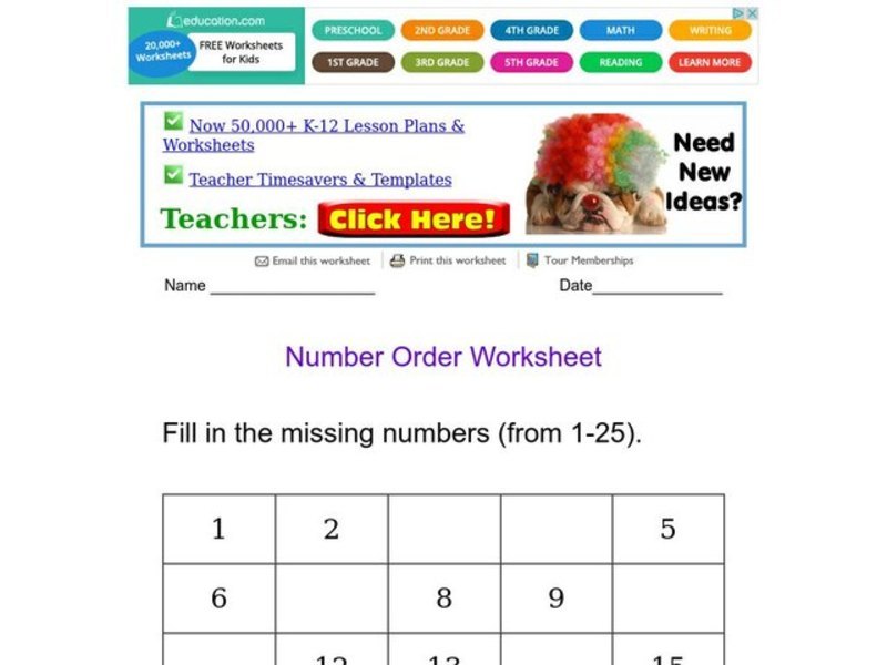 Number Order Worksheet Worksheet