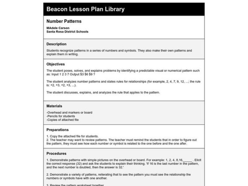 Number Patterns Lesson Plan