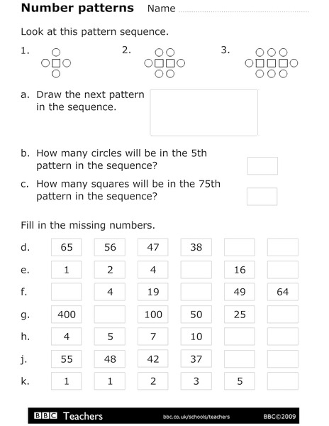 Number Patterns Worksheet