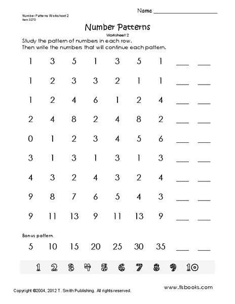 Number Patterns Worksheet