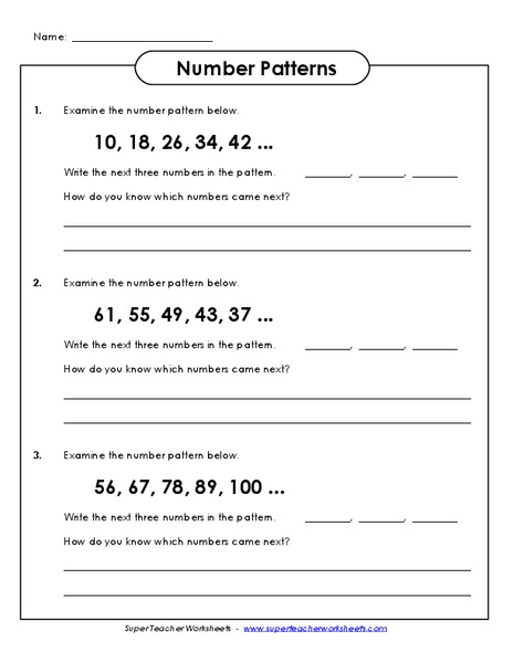 Number Patterns Worksheet