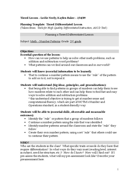 Number Patterns Lesson Plan