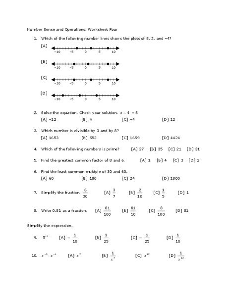Number Sense and Operations Worksheet