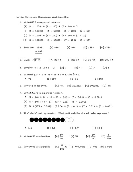 Number Sense and Operations Worksheet