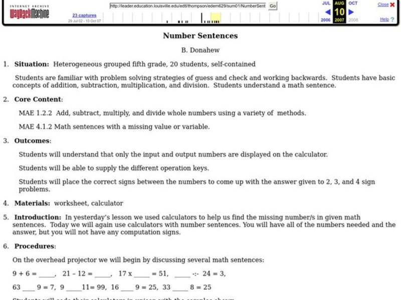 Number Sentences Lesson Plan