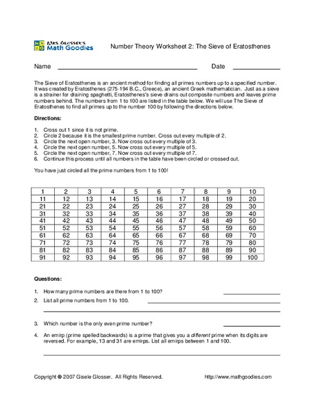 Number Theory Worksheet 2: The Sieve of Eratosthenes Worksheet