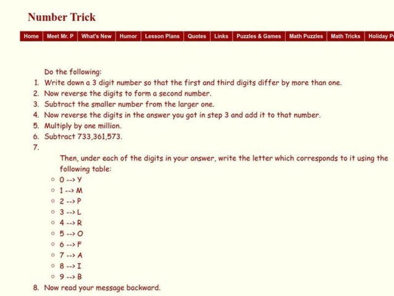 Number Trick Worksheet