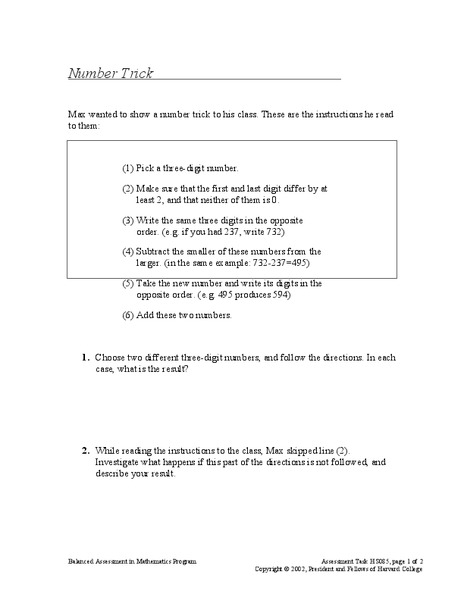 Number Trick Assessment