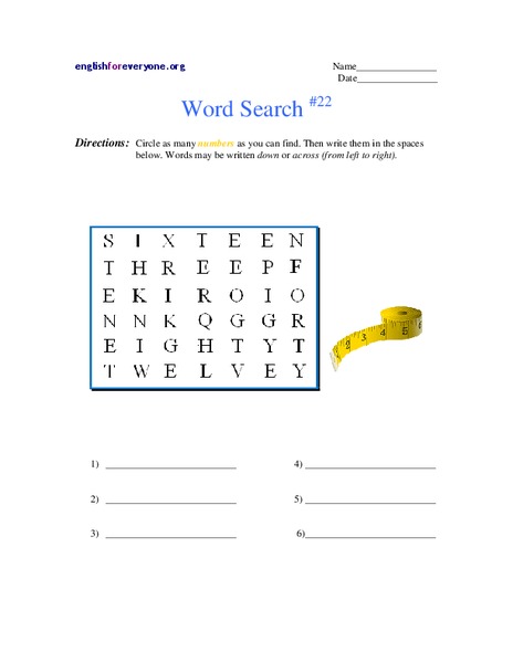 Number Word Search Worksheet