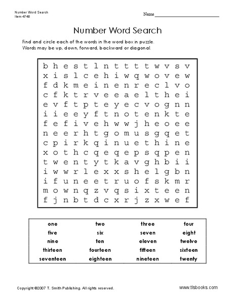 Number Word Search Worksheet