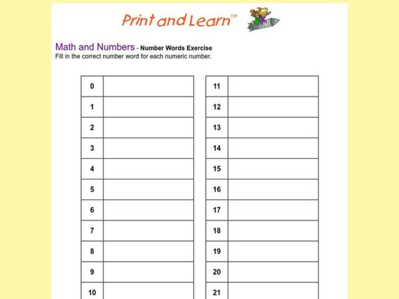 Number Words Exercise Organizer