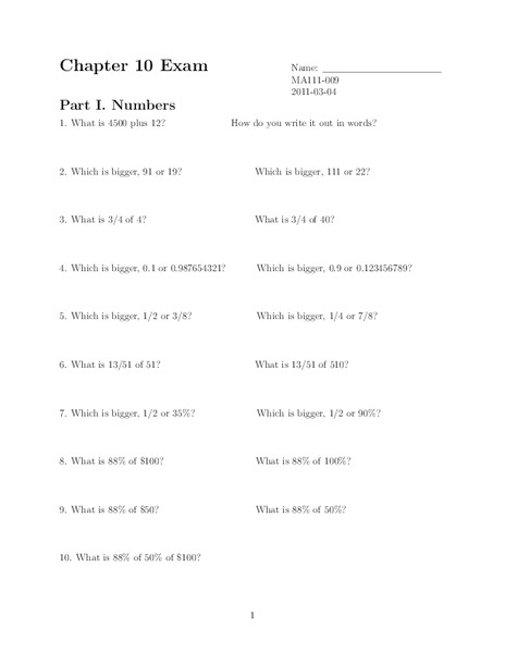 Numbers Worksheet