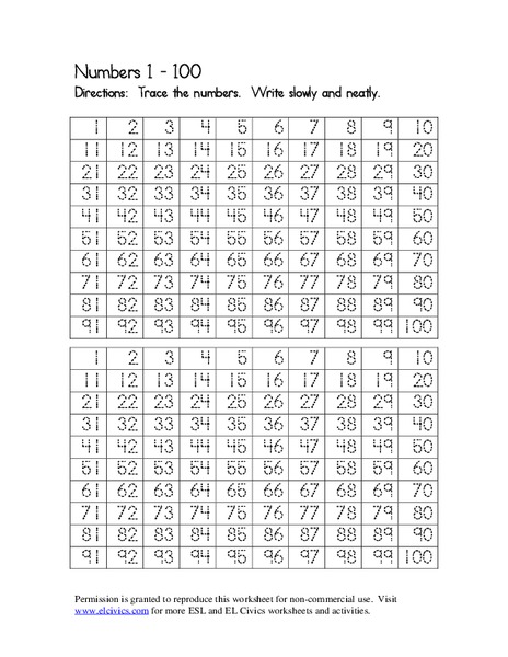 Numbers 1-100 Worksheet
