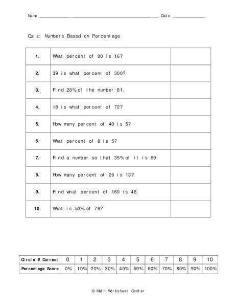 Numbers Based on Percentage Worksheet
