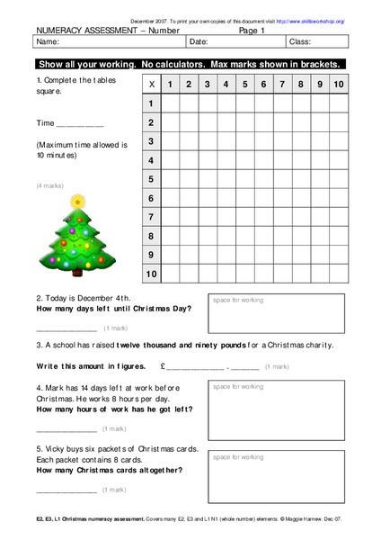Numeracy Assessment Worksheet