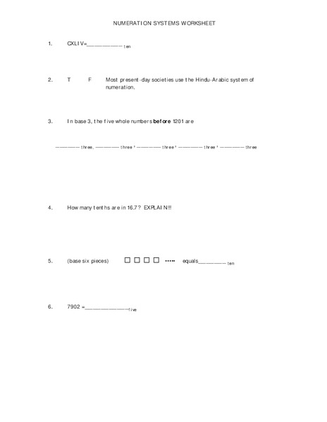 Numeration Systems Worksheet