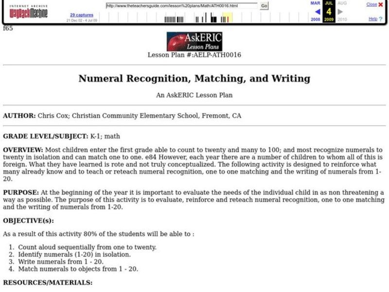 Numeral Recognition, Matching, and Writing Lesson Plan