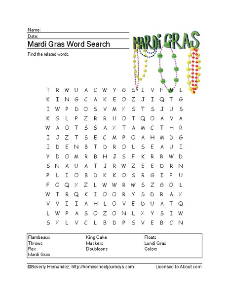 Mardi Gras Word Search Worksheet