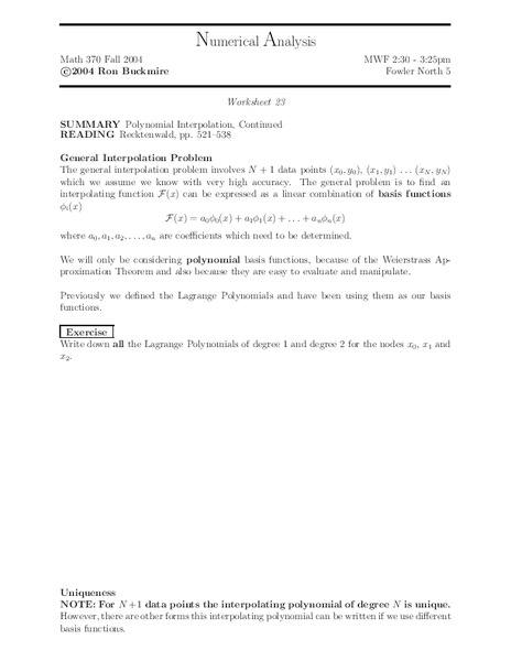 Numerical Analysis:  Polynomial Interpolation Worksheet
