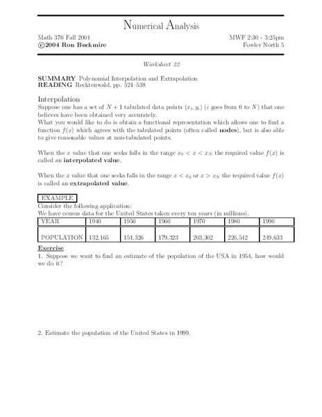 Numerical Analysis:  Polynomial Interpolation Worksheet