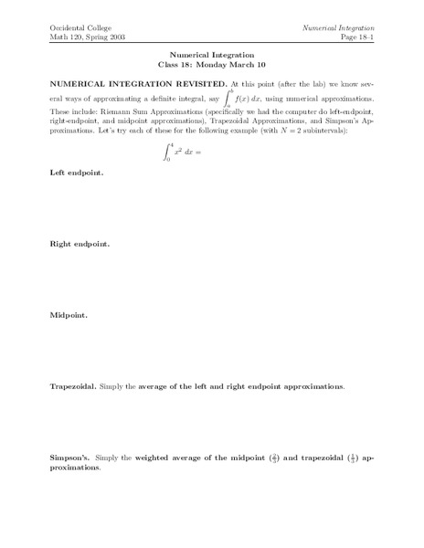 Numerical Integration Worksheet