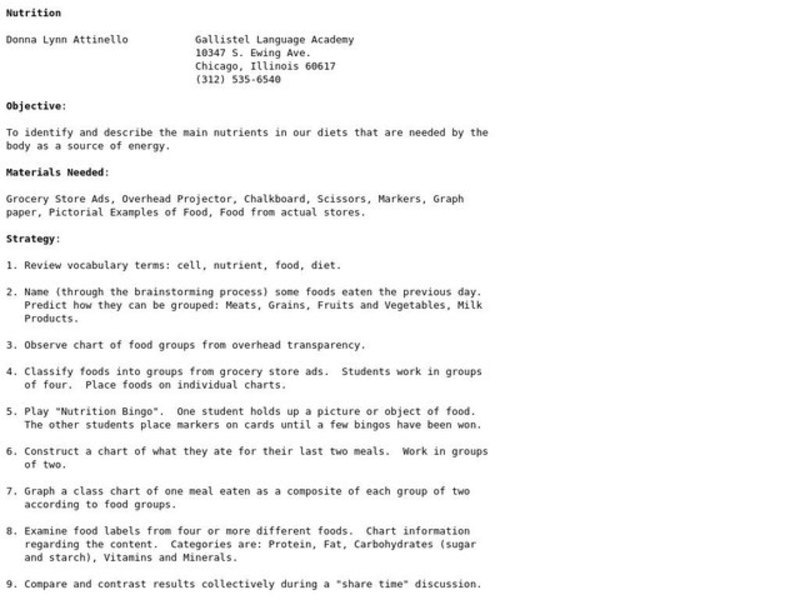 Nutrition Lesson Plan