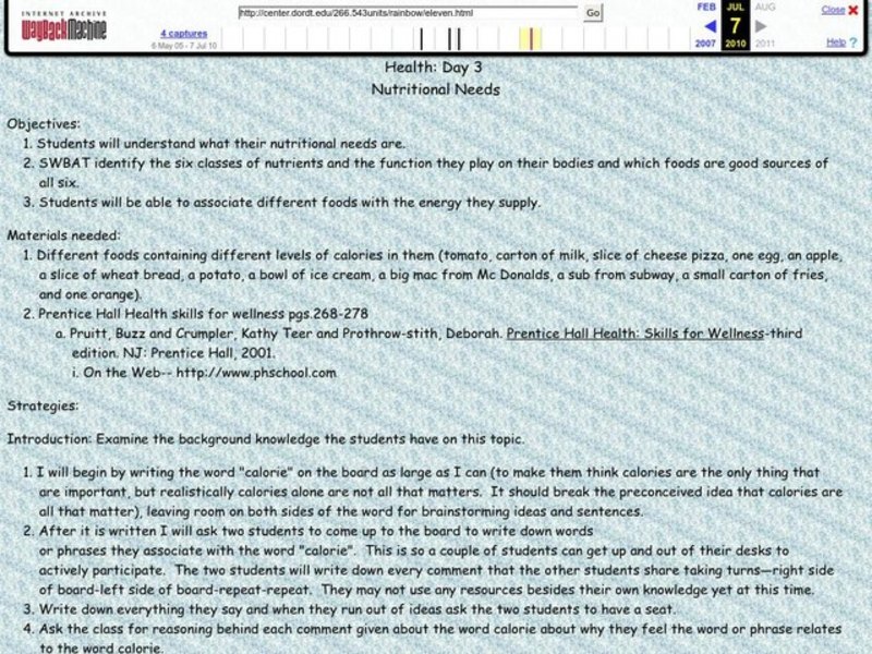 Nutritional Needs Lesson Plan