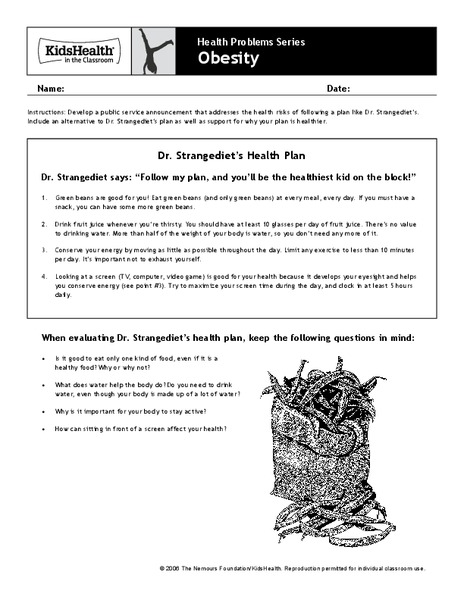 Handout: Obesity (Grades 6 to 8) Worksheet
