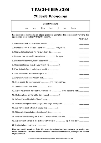 Object Pronouns Worksheet