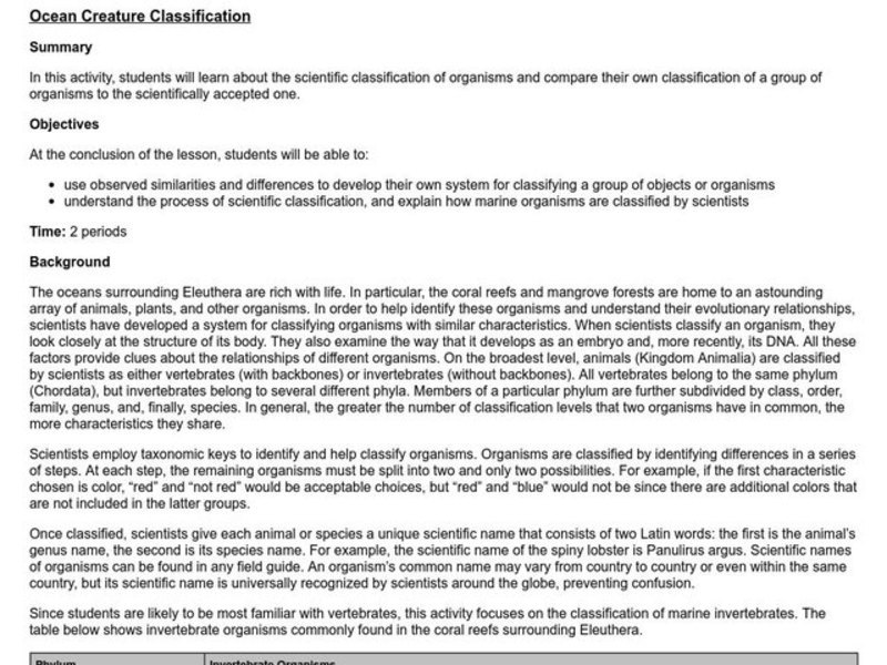 Ocean Creature Classification Lesson Plan