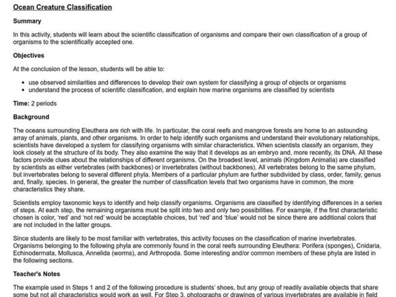 Ocean Creature Classification Lesson Plan