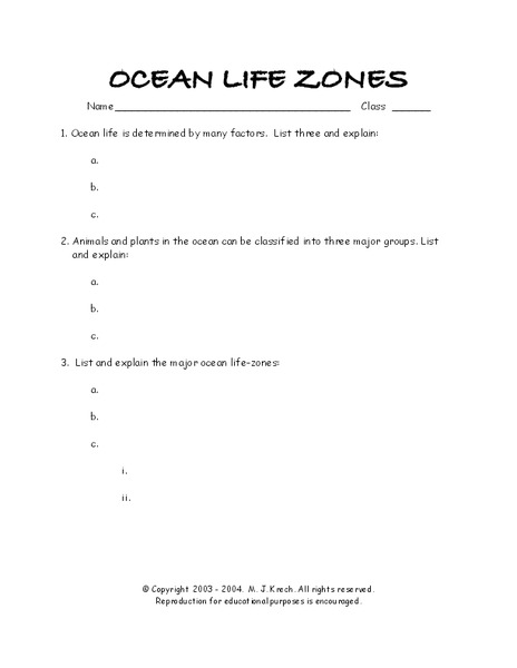 Ocean Life Zones Worksheet